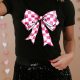 Black Checkerboard Bowknot Graphic Crewneck T Shirt