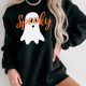 Black Halloween Spooky Ghost Print Crewneck Pullover Sweatshirt
