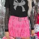 Black Rhinestone Bowknot Graphic Crewneck T Shirt