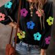 Black Sequin Flower Bracelet Sleeve Crew Neck Top