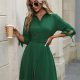 Collared Neck Button-Up Three-Quater Sleeve Dress