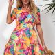 Floral Notched Neck Short Sleeve Dress