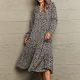 Notched Neck Long Sleeve Midi Dress